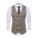 Men Stylish Suit Vest Solid Color Sleeveless Slim Fitted V-Neck Double Breasted Suit Vest