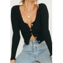 Simple Ladies Cardigan Solid Color V-Neck Single Breasted Ruffle Hem Long Sleeve Slim Cropped Cardigan