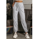 Sporty Girls Pants Solid Color Elastic Waist Drawstring Cuffed High Rise Relaxed Crop Joggers