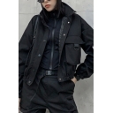 Chic Girls Jacket Solid Stand Collar Flap Pockets Long Sleeve Single Breasted Cropped Jacket
