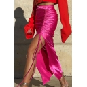 Trendy Ladies Skirt Solid Color Ruched Split Detail Maxi Pencil Skirt