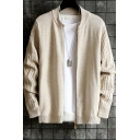 Pop Mens Cardigan Pure Color Regular Fit Cable Knit Round Collar Zip Fly Cardigan