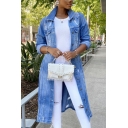 Casual Womens Jacket Ripped Turn Down Collar Single Breasted Chest Pockets Long Denim Jacket