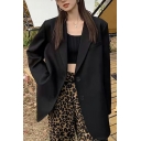 Pop Black Blazer Notched Lapel Collar Button Closure Relaxed Fit Blazer for Ladies