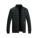 Mens Trendy Jacket Plaid Print Stand Collar Long Sleeves Regular Zip Down Leather Jacket