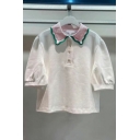 Stylish Girls Polo Shirt Contrast Collar Short Puff Sleeve Button Up Slim Cropped Polo Shirt