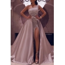 Elegant Evening Party Maxi Dress Split Front Belt Detail One Shoulder Sequined Dress for Women