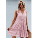 Casual Solid Color Dress V-Neck Pleated Detail Sleeveless Dress for Women