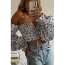 Girls Trendy Blouses All over Floral Print Off the Shoulder Long Puff Sleeve Slim Shirt
