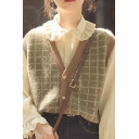 Vintage Womens Sweater Plaid Print V-Neck Button Up Rib Trim Sleeveless Regular Fit Vest