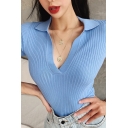 Casual Womens Knit Top Solid Color V-Neck Short Sleeve Slim Fitted Knit Top