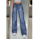 Retro Womens Jeans Zipper Fly Faded Wash High Rise Long Straight Loose Fit Jeans with Flap Pocket