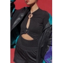 Creative Ladies Bodysuit Solid Color Crew Neck Hollow Long Sleeve Slim Fit Bodysuit with Metal Buckles