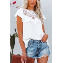 Trendy Womens T-Shirt Solid Round Neck Ruffle Design Short Sleeve Hollow Relaxed T-Shirt