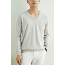 Mens Trendy Sweater Pure Color Long Sleeves V Neck Regular Ribbed Hem Pullover Sweater