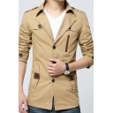 Mens Stylish Coat Solid Pocket Lapel Collar Slimming Long Sleeve Button Down Trench Coat