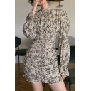 Vintage Womens Dress Floral Pattern Crew Neck Long Puff Sleeve Sashes Mini A-Line Dress