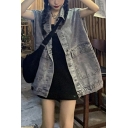 Retro Womens Vest Spread Collar Button Placket Loose Fit Denim Vest with Washing Effect