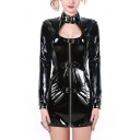 Fancy Womens Leather Bodycon Black Zipper Down Long Sleeve Bodycon Dress