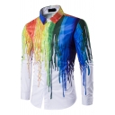 Creative Mens Shirt Tie-Dye Print Long Sleeve Turn-down Collar Regular Fit Button Shirt