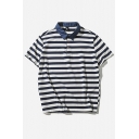 Stylish Mens Polo Shirt Stripe Print Short Sleeve Button Detail Turn-down Collar Loose Fit Polo Shirt