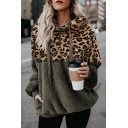 Casual Womens Hoodie Leopard Pattern Drawstring 1/4 Zip Design Long Sleeve Thick Hoodie