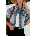 Stylish Womens Jacket Turn Down Collar Chest Pockets Single Breasted Ripped Cropped Denim Jacket