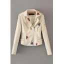 Retro PU Jacket Notched Lapel Collar Flower Embroidery Rivet Detail Zipper Down Slim Fit Long Sleeve PU Jacket for Women