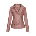 Stylish Womens PU Jacket Solid Color Notched Collar Side Zipper Closure Slim Fit Leather Jacket