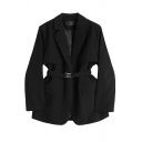 Classic Womens Black Blazer Notched Lapel Collar Loose Fitted Blazer with Belt