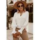 Urban Womens Shirt Solid Color Slim Fit V-Neck Long Puff Sleeve Pullover Shirt