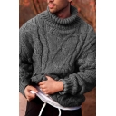 Leisure Men Sweater Solid Cable Knit Long-Sleeved Loose Fitted High Neck Pullover Sweater