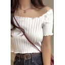 Stylish Crop Top Shirt Square Neck Short Sleeve Ruffle Detail Slim Fit Cropped T-Shirt for Women