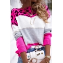 Trendy Womens Sweater Leopard Pattern Round Neck Long Sleeve Relaxed Sweater
