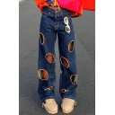Street Style Girls Jeans Darkwash Blue Zip Fly Low Rise Destroyed Hole Full Length Straight Jeans