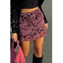 Stylish Bodycon Skirt Tie-Dye Print Ruffles Hem Mesh Mini Skirt for Women
