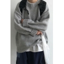 Boys Pop Pullover Sweater Solid Ribbed Cuffs Round Neck Long Sleeve Loose Pullover Sweater