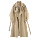 Simple Womens Trench Coats Solid Notched Lapel Long Sleeve Open-Front Belted Long Straight Trench Coat