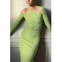 Chic Halter Dress Plain Color Long Sleeve Slim Fit Maxi Womens Dress