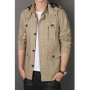 Mens Trench Coat Vintage Plain Button up Long Sleeve Regular Fitted Trench Coat with Hood