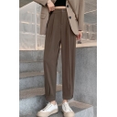 Casual Womens Pants Plain Zip Fly High Rise Button Hem Tapered Fit Crop Pants