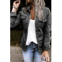 Casual Womens Jacket Plain Turn-Down Collar Button Fly Long Sleeve Chest Pockets Slim Denim Jacket