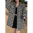 Fashion Womens Jacket Lapel Argyle Print Single Breasted Long Sleeve Relaxed Fit Jacket with Flap Pockets