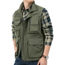 Cozy Vest Pure Color Sleeveless Multi-pockets Fitted Spread Collar Zip down Vest for Boys