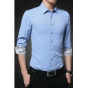 Basic Mens Shirt Floral Lining Long Sleeve Turn-down Collar Slim Fit Button Shirt