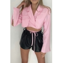 Simple Girls Blazers Plain Notched Lapel Bow Tied Waist Long Sleeve Slim Cropped Suit Jacket