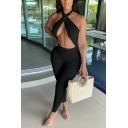 Sexy Ladies Halter Jumpsuits Hollow Out Solid Color Criss Cross Slim Fitted Jumpsuits