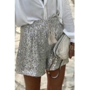 Elegant Womens Shorts Solid Color Mid Waist Sequin Drawstring Waist Loose Fit Shorts