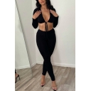 Sexy Ladies Jumpsuits Plain Color V-Neck Bow-Tied Long Sleeve Skinny Jumpsuits