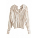 Edgy Ladies Shirt Striped Pattern Spread Collar Long Sleeve Waist-Control Relaxed Shirt